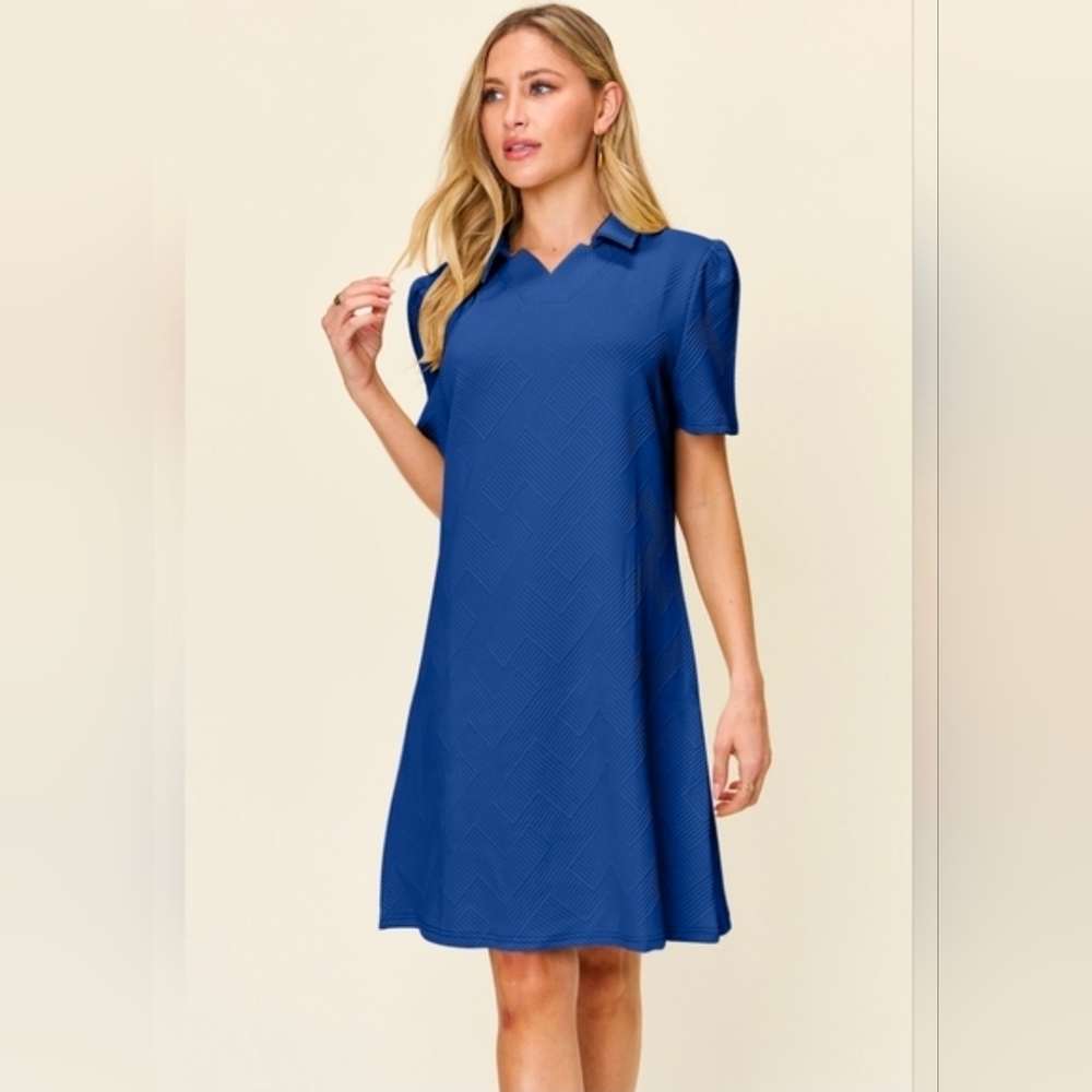 Double Take Full Size Texture Collared Neck Short Sleeve Dress